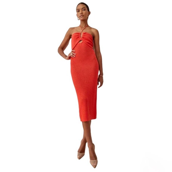 Reformation Dresses & Skirts - Reformation Venete Open Knit Dress Halter Cutout Midi Hot Day Red Orange S NWT